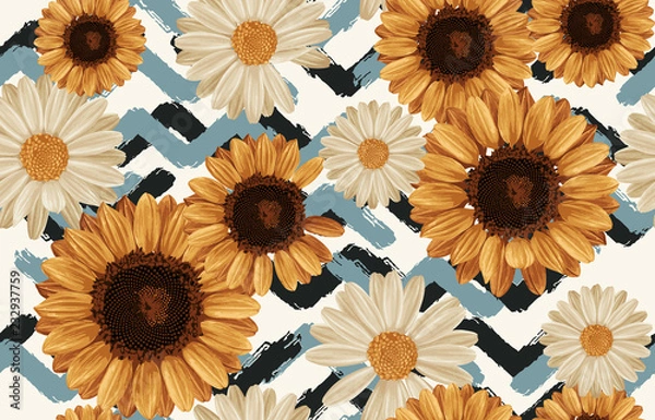 Obraz Printable seamless vintage autumn repeat pattern background with daisies and sunflowers. Botanical wallpaper, raster illustration in super High resolution.