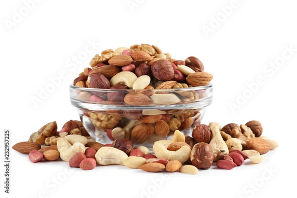 Obraz bowl with different mixed nuts isolated on white background