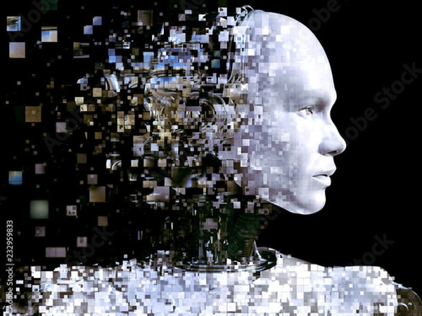 Fototapeta 3D rendering of male robot head that shatters.