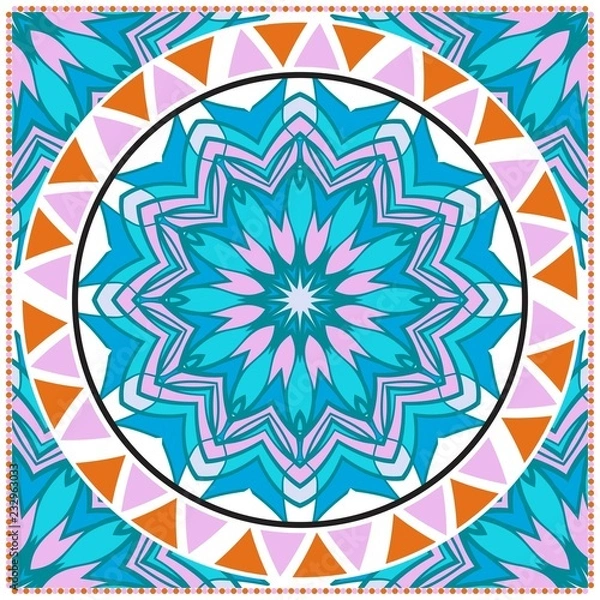 Fototapeta Ornamental floral print with color mandala. For design of carpet, shawl, pillow, cushion. Vector illustration