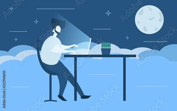 Fototapeta A web designer freelancer works for a laptop at night. Flat style. Remote work.