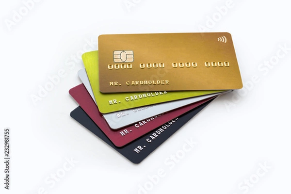 Obraz Stos wielokolorowych kart kredytowych na białym tle