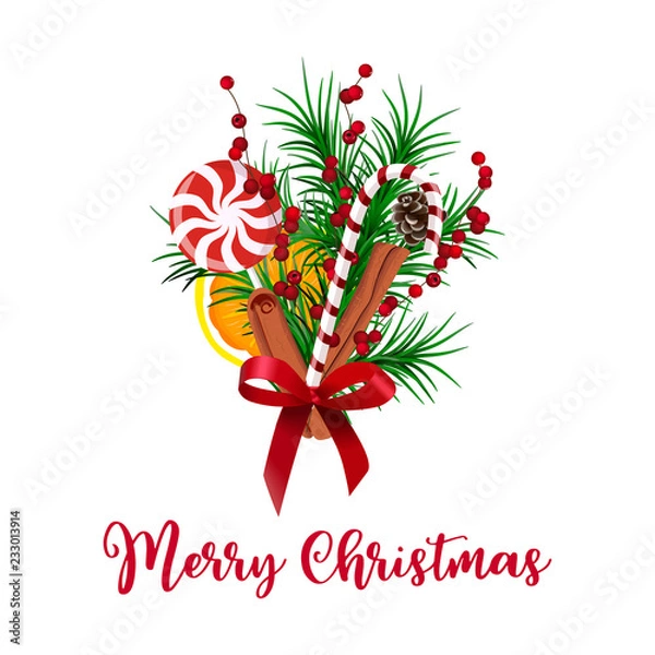 Fototapeta Holiday's decor. Realistic Christmas bouquet Tree Branches and holly berry, cone, ribbon, star anise, cinnamon, orange