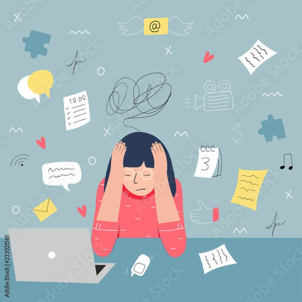 Fototapeta Information overload and multitasking problems concept. Flat and handdrawn vector illustration.
