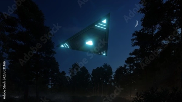 Fototapeta 3D triangular ufo hung in the sky in the evening