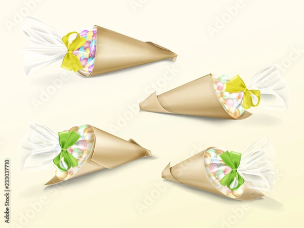 Fototapeta Vector realistic set of paper cone bags with colorful candies dragee and yellow and green silk ribbons. Hand made packaging for sweet snacks, gifts and souvenirs twisted from kraft paper