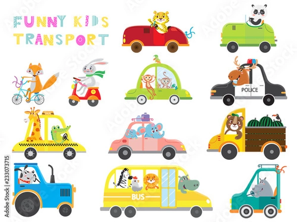 Fototapeta  Set of kids transport with animal on white background . Collection funny cars. Vector illustration