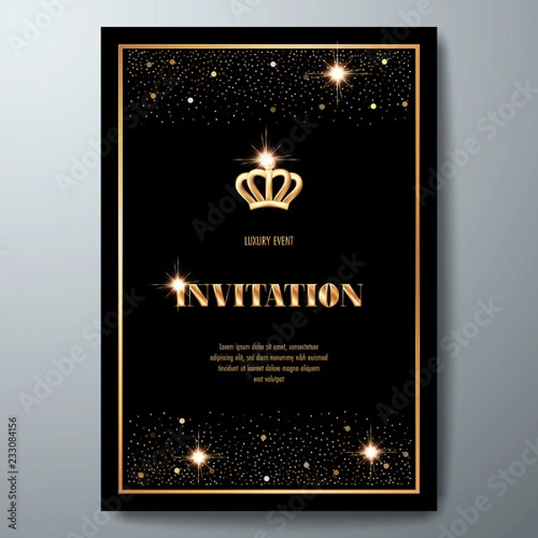Fototapeta VIP invitation template with golden crown and sparkling confetti on black background