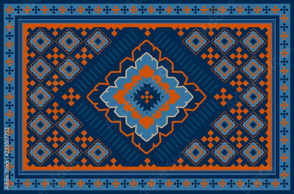 Obraz Vintage wzór luksusowego starego orientalnego dywanu w pomarańczowe, granatowe i beżowe wzory na niebieskim tle
