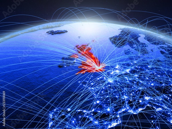Obraz United Kingdom on blue digital planet Earth with international network representing communication, travel and connections.