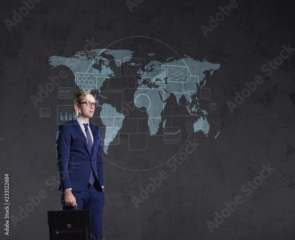 Fototapeta Businessman standing with briefcase. World map background. Business, globalization, concept.