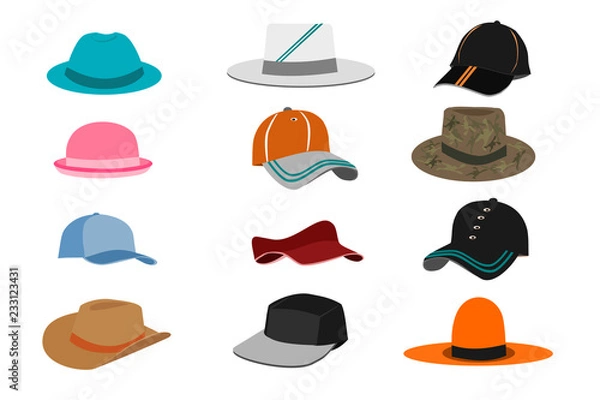 Obraz Hats of  set. Col lection of various types of hats on white background
