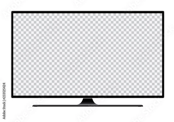 Fototapeta Realistyczna ilustracja czarnego telewizora z podstawą i pustym przezroczystym ekranem na białym tle z miejscem na tekst lub obraz - na białym tle