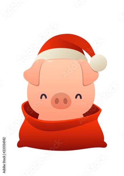 Obraz Cartoon cute pig in Santa Claus hat and red bag with isolated Merry Christmas and Happy New Year mood