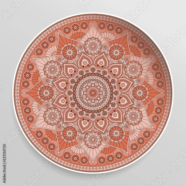 Fototapeta Decorative plate with mandala in red colors. Vector ornament.