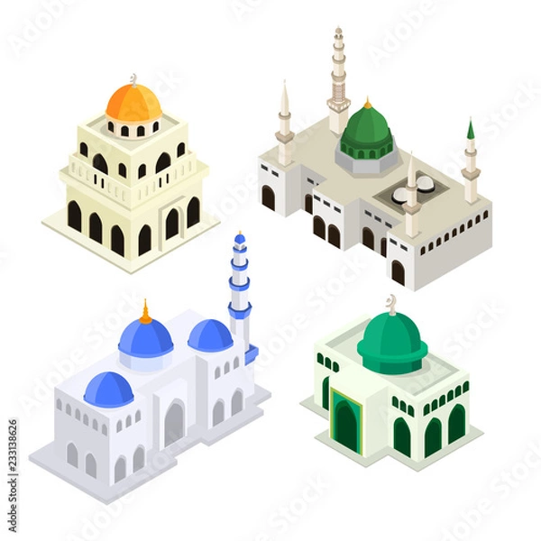 Obraz Set Mosque Islamic Worship Building Isometric Flat 3D Vector Illustration