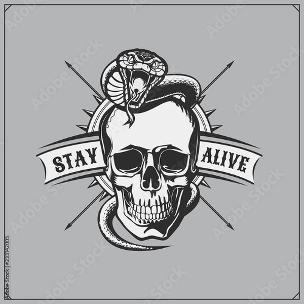 Fototapeta Emblem whith skull and snake. Print design for t-shirts.