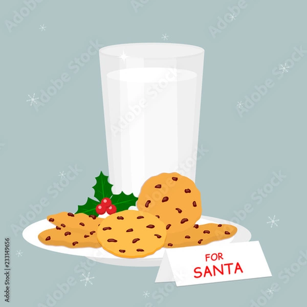 Obraz Set of glass of milk and baked oatmeal cookies with chocolate chips, holly berries, isolated on snowflakes background. Note and treat for Santa. Vector flat