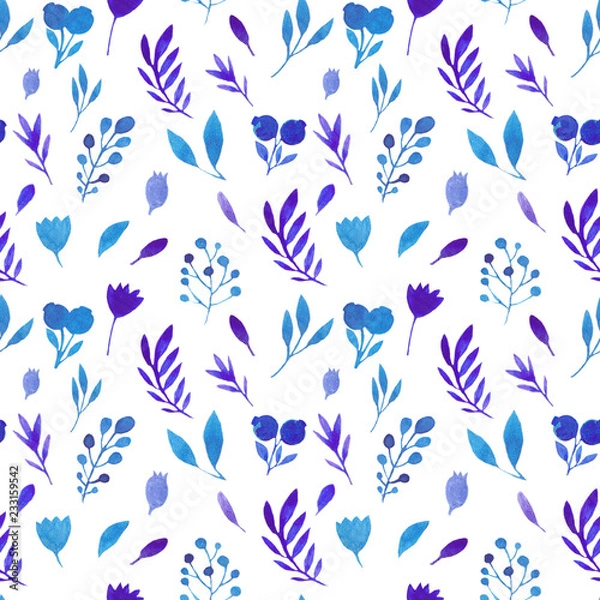 Obraz Seamless watercolor pattern of flowers and branches.Twigs, flowers and blueberries on white background.