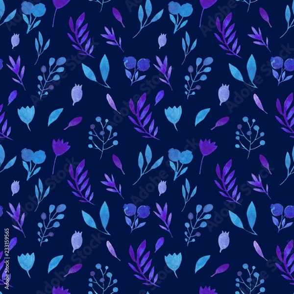 Obraz Seamless watercolor pattern of flowers and branches.Twigs, flowers and blueberries on blue background.