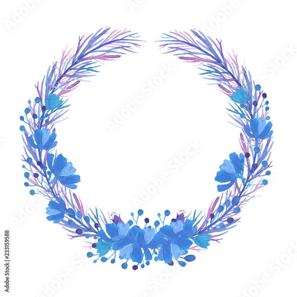 Obraz A wreath on a white background. A wreath in pastel colors. A wreath of blue, rox and violet flowers and twigs.