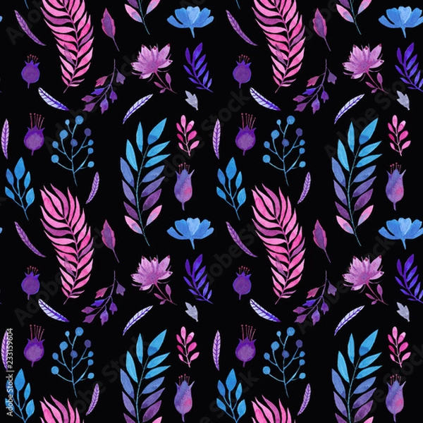 Obraz Seamless watercolor pattern of flowers and branches.Floral pattern on a black background.