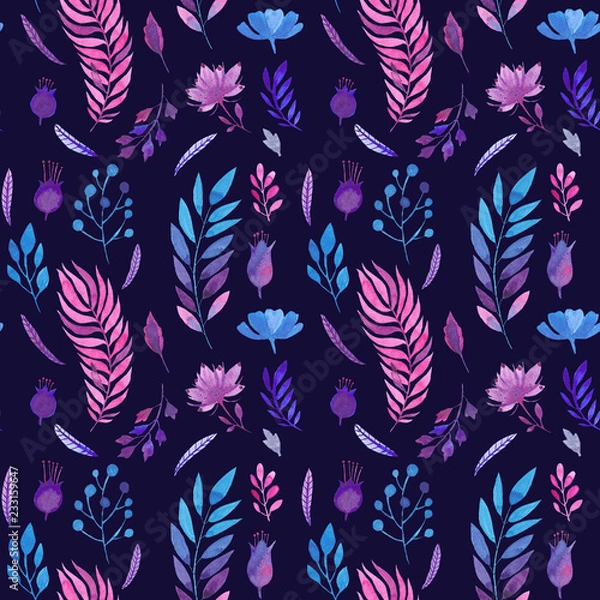 Obraz Seamless watercolor pattern of flowers and branches.Floral pattern on dark blue background.