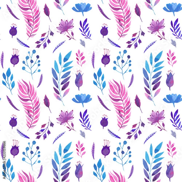 Obraz Seamless watercolor pattern of flowers and branches.Цветочный узор на белом фоне.