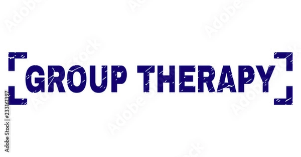 Fototapeta GROUP THERAPY text seal print with grunge texture. Text tag is placed inside corners. Blue vector rubber print of GROUP THERAPY with grunge texture.