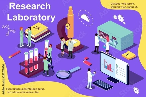 Obraz Vector isometric illustration concept. Research laboratory, scientis working at laboratorium. Content for web page, banner, social media, documents, cards, posters, news.