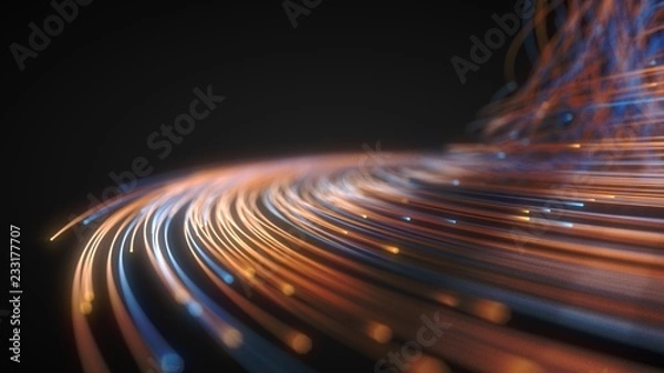 Fototapeta glowing fiber optic strings in dark. 3d illustration