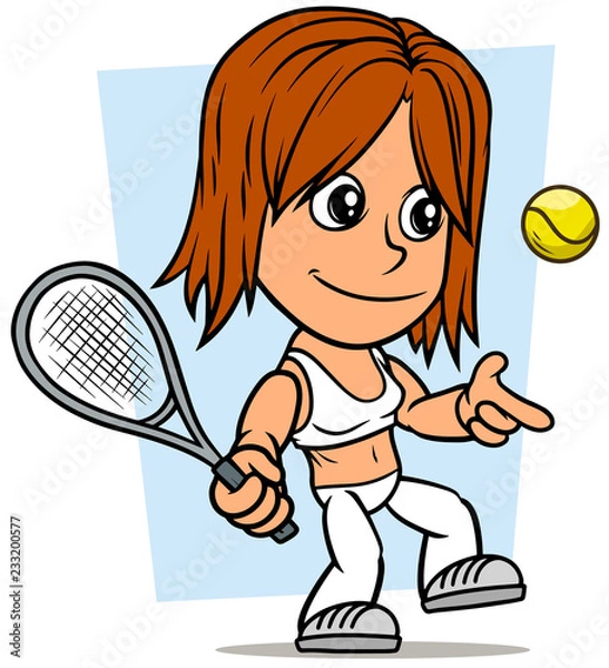 Fototapeta Cartoon girl character with tennis racket and ball