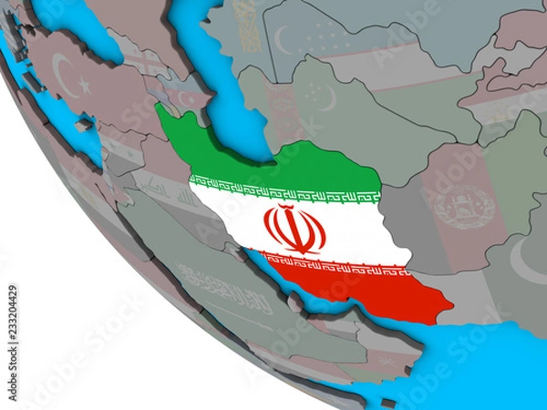 Fototapeta Iran with embedded national flag on simple 3D globe.
