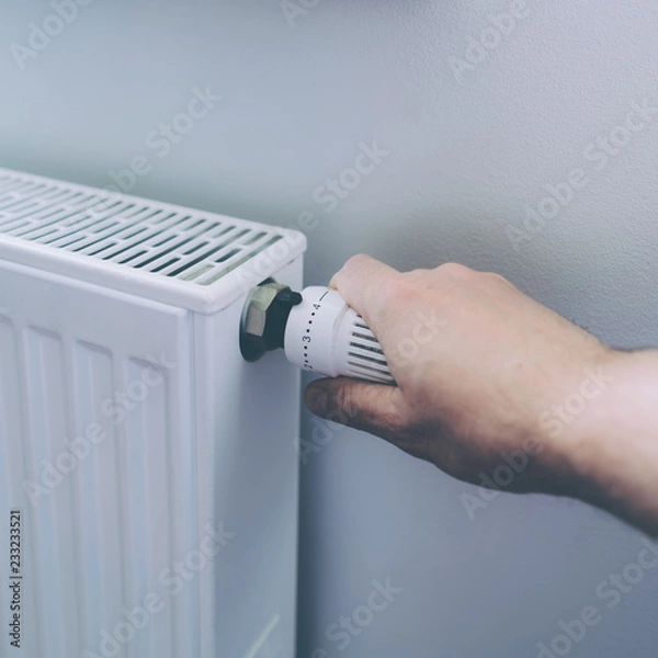 Obraz Man hand on battery temperature controller heating close up