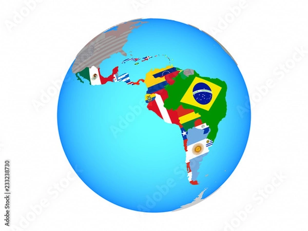 Fototapeta Latin America with national flags on blue political globe. 3D illustration isolated on white background.