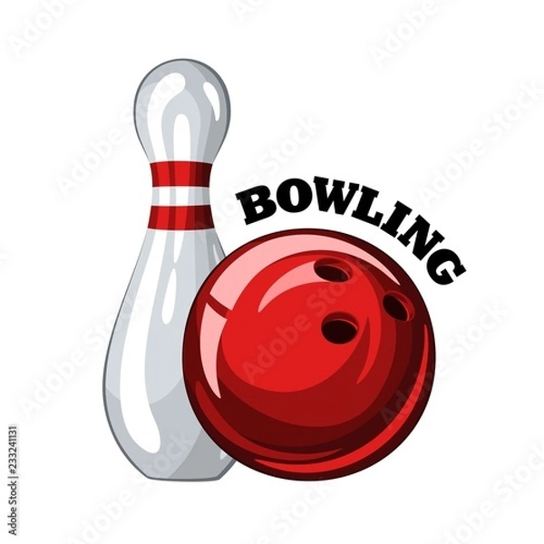 Fototapeta Vector illustration of bowling skittle and red bowling ball with inscription, isolated on white background 1.1