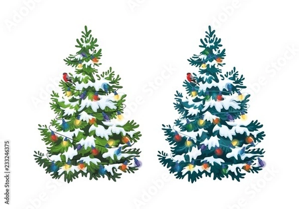 Fototapeta Vector illustration of decorated christmas tree in snow on white background. Green and blue fluffy pines, isolated on white background 1.1
