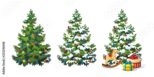 Fototapeta Vector illustration of decorated christmas tree with gifts and toys on white background. Green fluffy christmas pine in snow, isolated on white 1.2