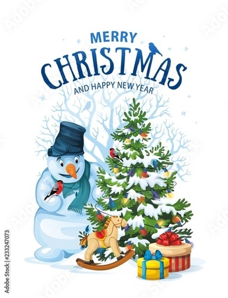 Fototapeta Vector illustration of snowman and decorated christmas tree with gifts and toys on white background. Greeting card with Merry Christmas 1.1