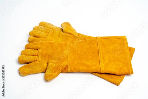 Fototapeta Long leather glove for welding industrial ,fire protection type ,isolated on white background.