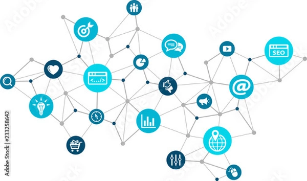Fototapeta marketing online / marketing w mediach społecznościowych / SEO - ilustracja wektorowa