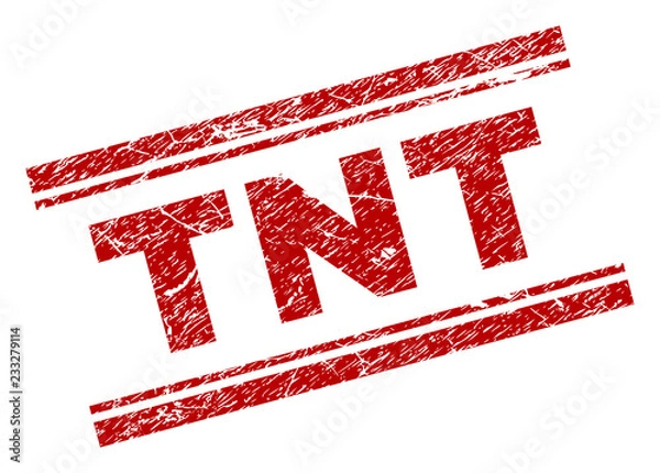 Fototapeta TNT seal print with grunge texture. Red vector rubber print of TNT text with grunge texture. Text caption is placed between double parallel lines.