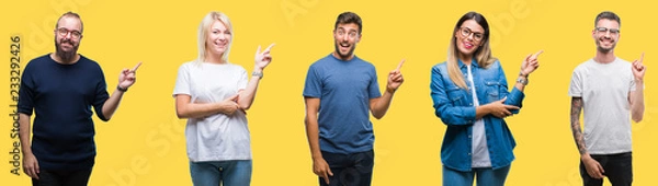 Fototapeta Collage of group people, women and men over colorful yellow isolated background with a big smile on face, pointing with hand and finger to the side looking at the camera.