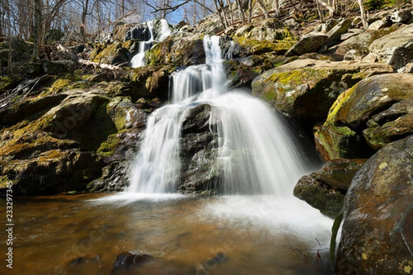 Fototapeta Slow motion of Dark Hollow water falls on a sunny day in Shenandoah National Park, Virginia, USA 
