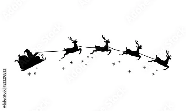 Fototapeta Santa Claus jeździć na saniach rysowane przez latające renifery sylwetka ilustracja Boże Narodzenie
