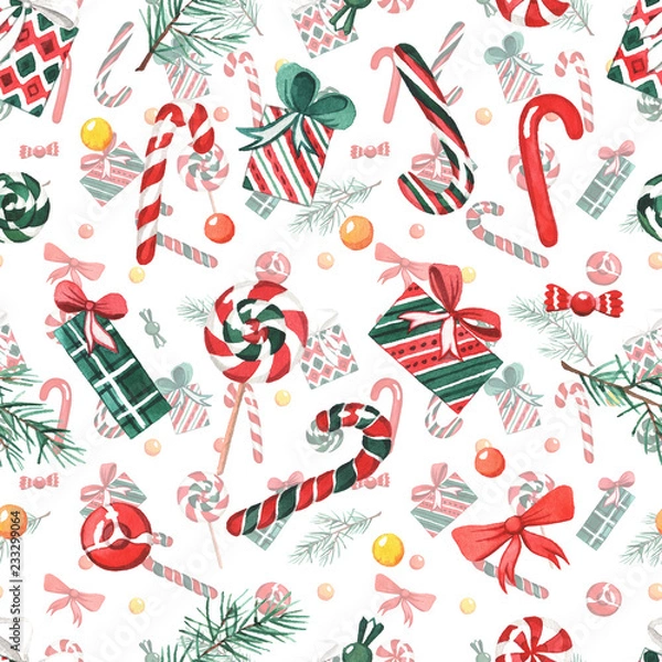Fototapeta The pattern with watercolors New Year's decorations, gifts and sweets.