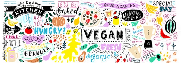 Fototapeta Doodle Food Banner. Vegan restaurant, cafe, home decor.