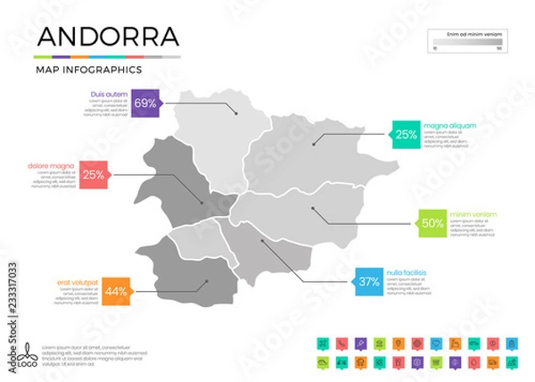 Fototapeta Andorra map infographics with editable separated layers, zones, elements and district area in vector