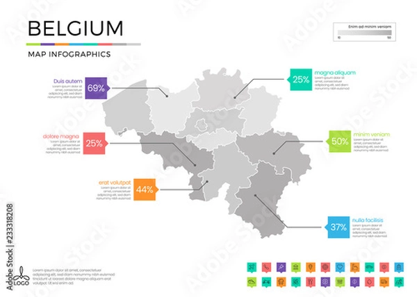 Fototapeta Belgium map infographics with editable separated layers, zones, elements and district area in vector