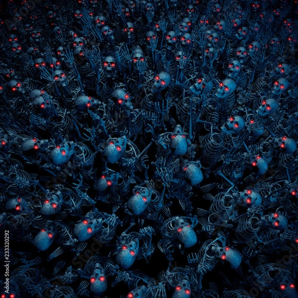 Fototapeta The skeleton horde / 3D illustration of evil robotic zombie skeletons with glowing eyes